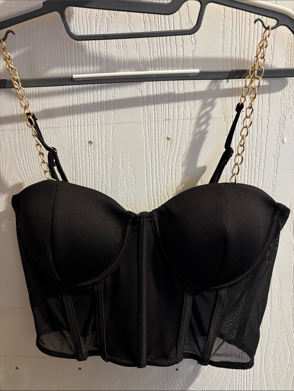 Say What? Black Bustier Crop Top with Gold Chain Straps